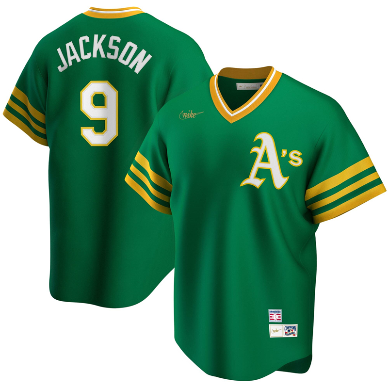 2020 MLB Men Oakland Athletics 9 Reggie Jackson Nike Kelly Green Road Cooperstown Collection Player Jersey 1